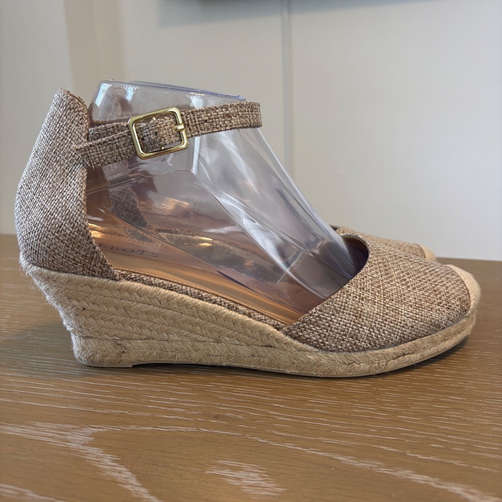 Talbots Tan Fabric Espadrille Wedge Sandals Ankle Strap Shoes Womens Size 8